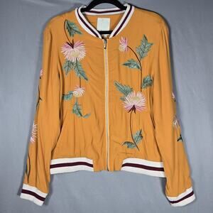 Elevenses Womens S Mustard Embroidered Floral Bomber Jacket Zip Up Viscose